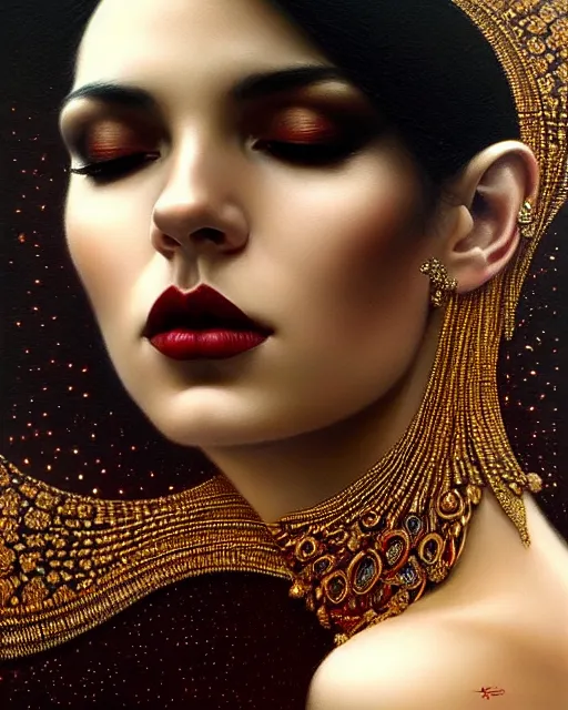 Prompt: portrait of a beautiful goddess, enigmatic beauty, dominant shades of black, gold silver, dark red, white, head in focus, fantasy art, ornamental aesthetics, intricate, elegant, highly detailed, hyperrealistic, artstation, concept art, soft illumination, painterly, sharp focus, art by karol bak