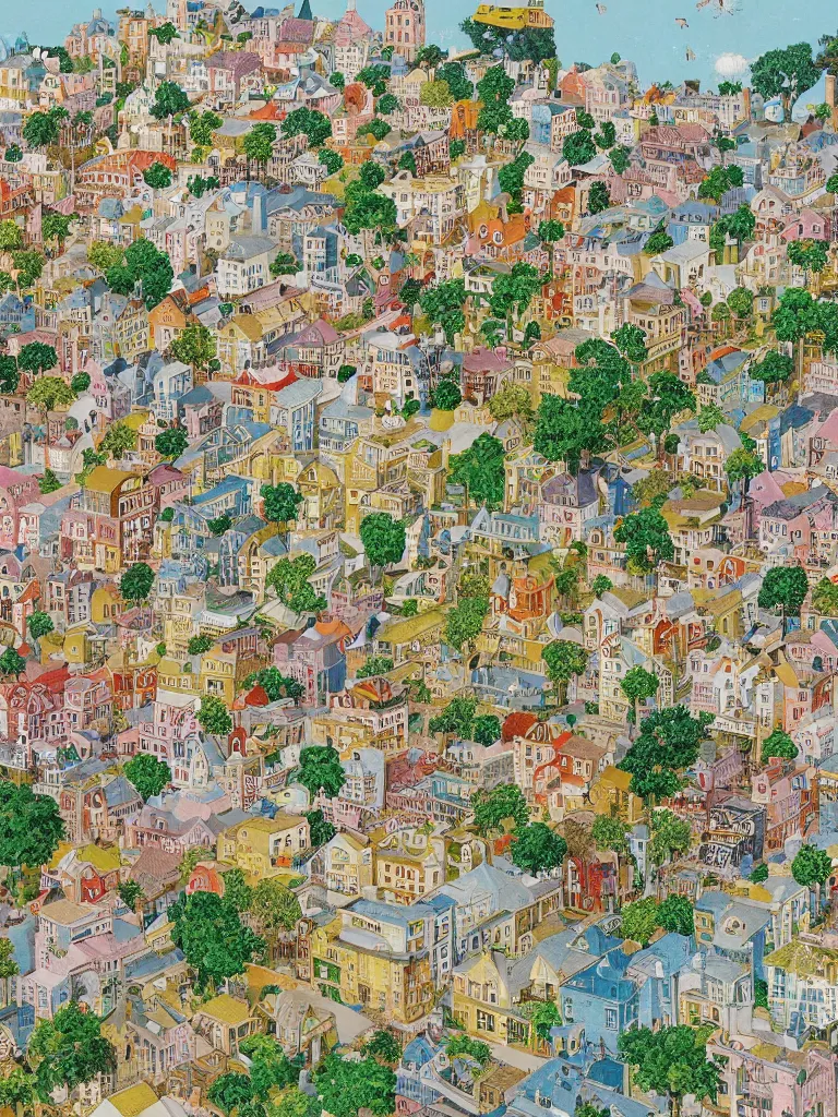 Image similar to an elaborate and dense painting of a peaceful neighborhood, detailed, made of alcohol ink on parchment and penned illustrations, by wes anderson and geoff darrow