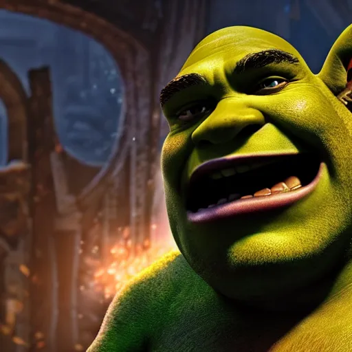 Image similar to Shrek!! as Shrek!! in 'Gears of War', splash art, movie still, cinematic lighting, detailed face, dramatic, octane render, long lens, shallow depth of field, bokeh, anamorphic lens flare, 8k, hyper detailed, 35mm film grain