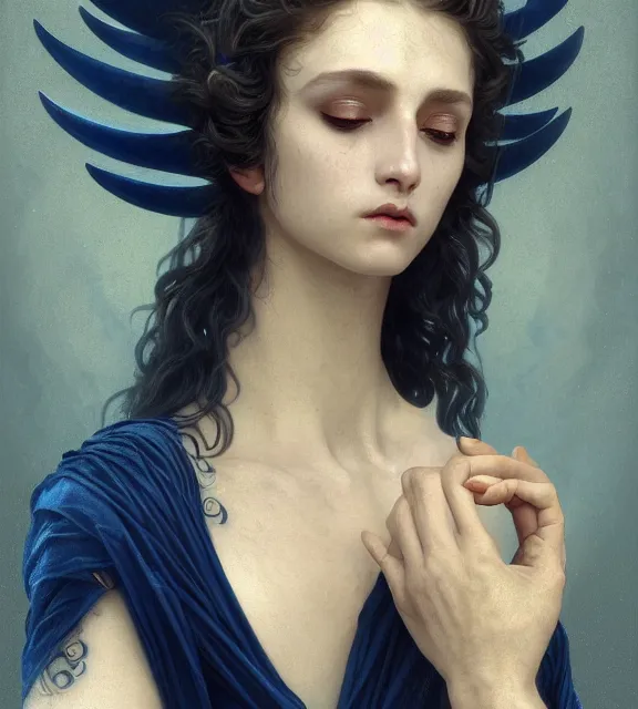 Image similar to portrait of a god of death, young male, in the underworld, elegant dark blue dress, very detailed, throne, very intricate details, jewelry, gold eyeshadow, elaborate long black hairstyle, wings, cinematic, artstation, william bouguereau, alphonse mucha, greg rutkowski, rossdraws, octane render