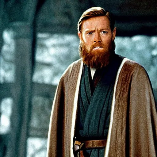 Image similar to film still, obi wan kenobi in the last harry potter movie,