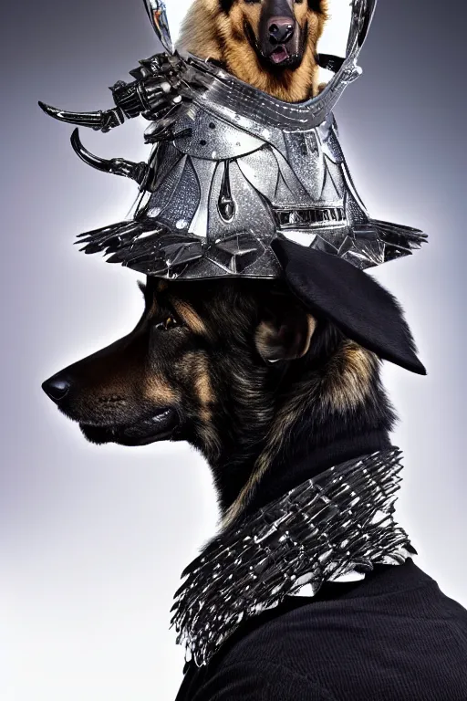 Prompt: donald trump knight wearing a real german shepherd on his head, armor designed by wayne barlowe, swarovski and tiffany, blonde hair, symmetry, sci - fi, cinematic, elegant, luxury, perfect light, perfect composition, dlsr photography, sharp focus, dark fantasy, 8 k, ultra hd, sense of awe, highly detailed, realistic, intricate