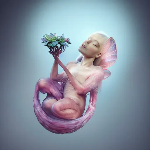 Prompt: a realistic slimy fairy fetus emerging from a budding flower, dramatic lighting, cinematic, establishing shot, extremely high detail, foto realistic, cinematic lighting, post processed, concept art, high details, cinematic, 8k resolution, beautiful detailed, photorealistic, digital painting, artstation, concept art, smooth, sharp focus, artstation trending, octane render, unreal engine