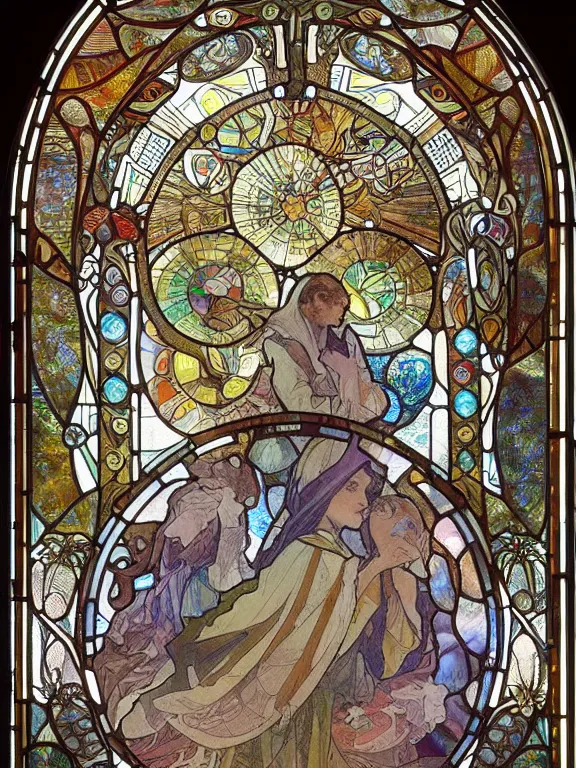 Prompt: an antique church window by alfons mucha and greg rutkowski, glass mosaic, a symmetric mandala, round design, intricate detail, very high quality, masterwork