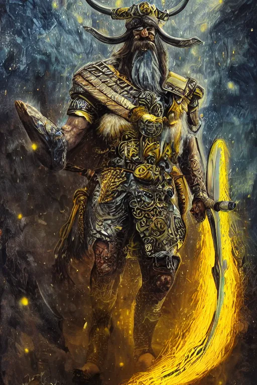 Image similar to mythological viking odin all father Shaman of artificial intelligence creating an artificial neural network with thunder with yellow synapses on an anvil, high resolution, award winning art, trending on art station, sharp image, incredibly detailed, detailed character realistic painting