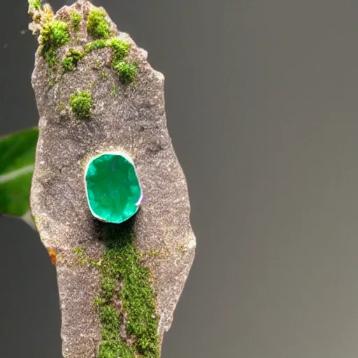 Prompt: a plant with a cut polished emerald gemstone growing from it