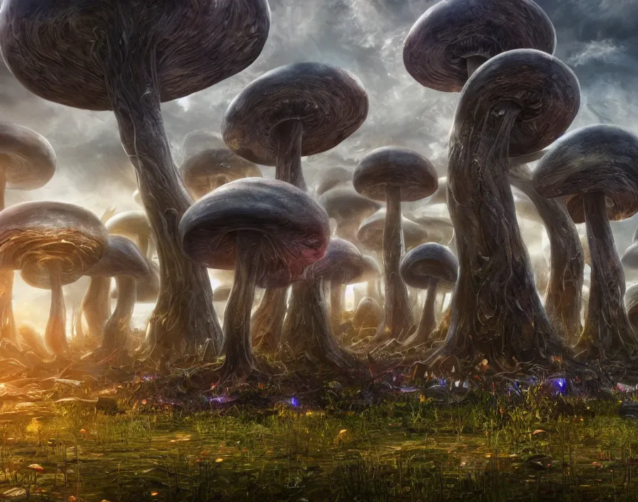 Prompt: trippy giant eldritch mushrooms in city, realistic, beautiful texture, beautiful graphics, fantasy artwork, very beautiful scenery, hd, hdr, ue 5, ue 6, unreal engine 5, cinematic 4 k wallpaper, 8 k, ultra detailed