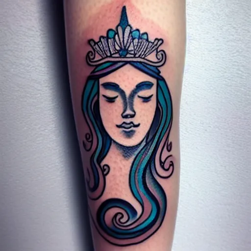 Image similar to a peaceful meditative mermaid wearing a crown, full body, highly detailed new school tattoo design