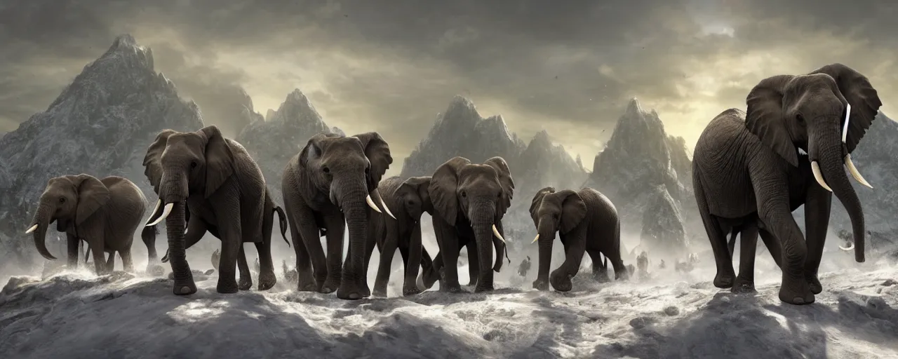 Image similar to African elephants in old battle armor marching in snow mountain landscape, beautiful dynamic lighting, cinematic, wide angle establishing shot, extremely high detail, photo realistic, cinematic lighting, post processed, concept art, artstation, matte painting, style by frederic church, raphael lacoste, unreal engine 8k