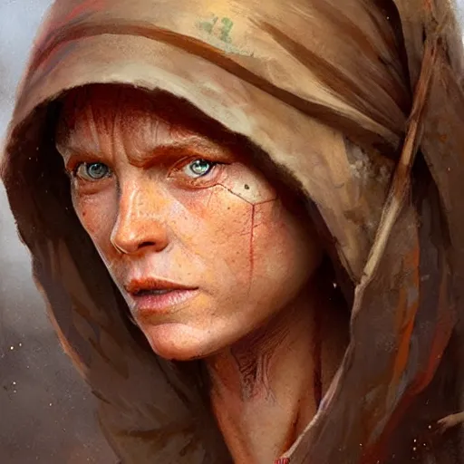 Prompt: a rustic woman jedi, detailed face, redhead, by greg rutkowski, mandy jurgens