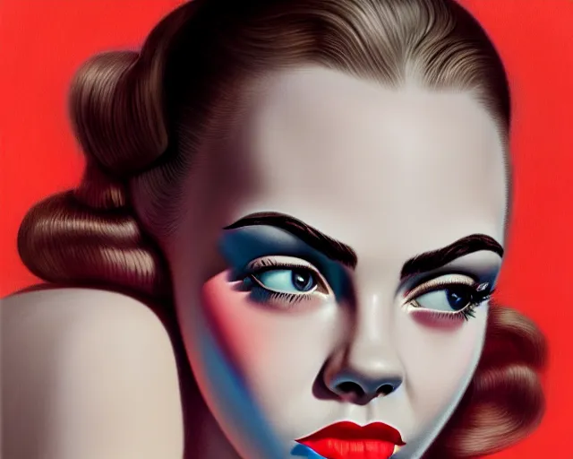 Image similar to closeup profile portrait of a 1 9 5 0 s cara delevigne wearing a bikini, mark ryden, lostfish, max fleischer, hyper realistic, artstation, illustration, digital paint, matte paint, vivid colors, bright, cheerful, detailed and intricate environment