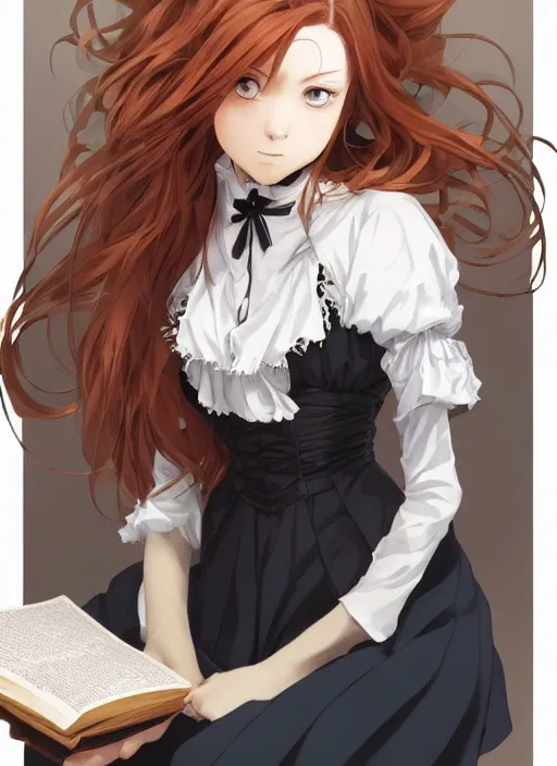 Image similar to a close up of a victorian maid with long flowing auburn hair sitting on a bed holding a book. cute anime eyes. by makoto shinkai, stanley artgerm lau, wlop, rossdraws, james jean, andrei riabovitchev, marc simonetti, krenz cushart, sakimichan, trending on artstation, digital art.