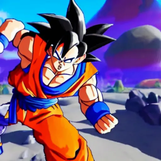 Image similar to a game still of goku in fortnite, in - game shot