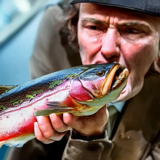 Image similar to a middle aged lawyer eating a trout, hyperrealistic, 4k, unreal engine