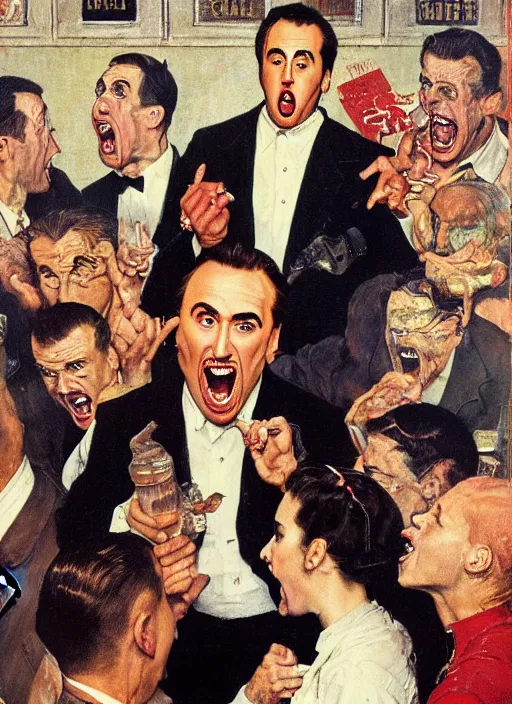 Prompt: full body and head portrait of nicholas cage screaming about crazy evil in a restaurant as everyone else looks puzzled, painted by norman rockwell and tom lovell and frank schoonover