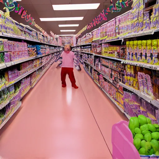 Prompt: a photograph of a violence goblin in a pink walmart, portra 800