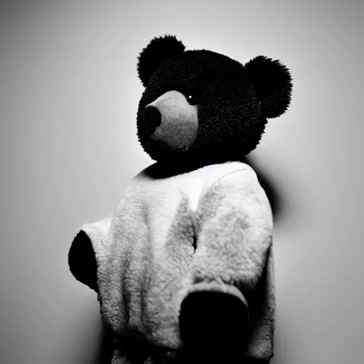 Image similar to a ( ( chiaroscuro lighting portrait ) ) of kanye west ( ( ( dressed as teddy bear mascot ) ) ), black background, ( ( ( portrait by julia margaret cameron ) ) ), shallow depth of field, 8 0 mm, f 1. 8