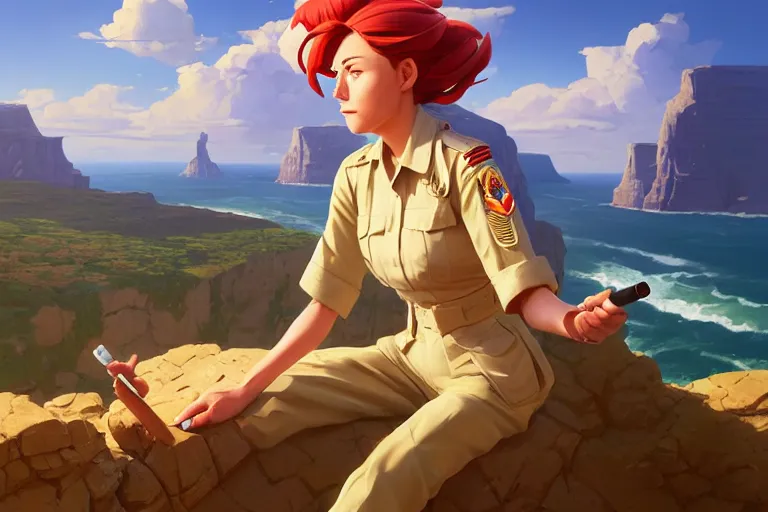 Image similar to a painting of a military woman sitting on a cliff, smoking a cigarette, a character portrait by rhads, makoto shinkai and lois van baarle, ilya kuvshinov, rossdraws global illumination and tom bagshaw, cg society, fantastic realism, intricate, detailed