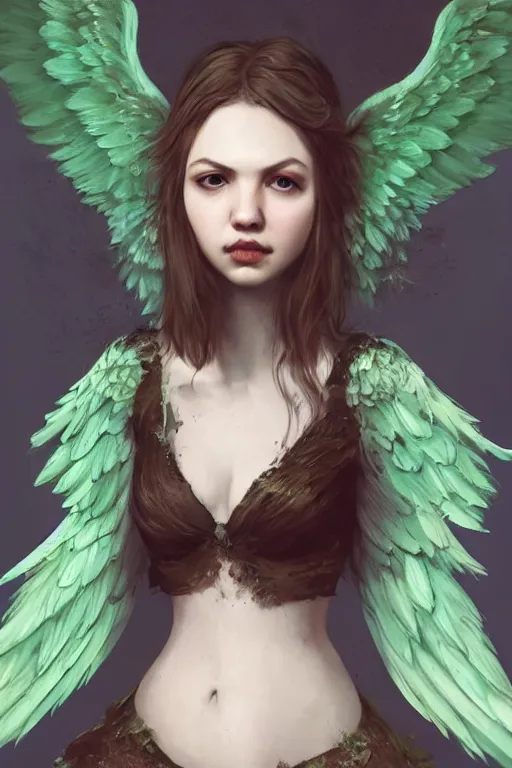 Prompt: hannah murray starring as a baroque green winged angel with dark hair, tattered dress, glasses, made by stanley artgerm lau, wlop, rossdraws, artstation, cgsociety, concept art, cgsociety, octane render, trending on artstation, artstationhd, artstationhq, unreal engine, 4 k, 8 k