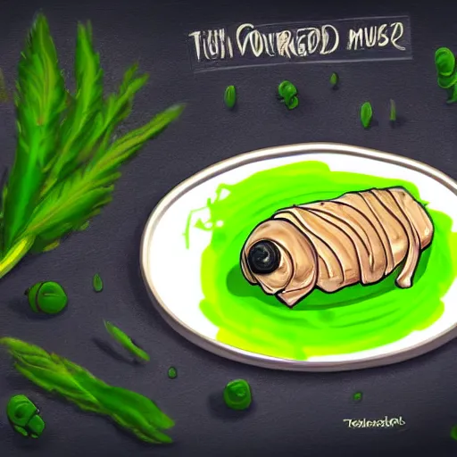Image similar to a plate of a wholesome dinner of roasted tardigrade with a side of green mucus, digital art