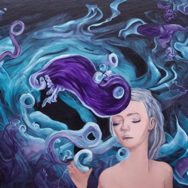 Image similar to dark purple, a female art student falling asleep, misty, iceberg, black paint, dark, sensual, dreamy, waves, swirls, blue drips, fish, blueberries, octopus, neo - impressionist, surrealism