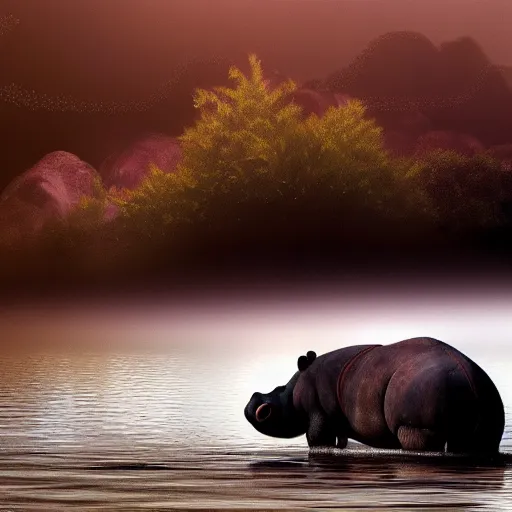 Image similar to sad hippo waking up in a beautiful river landscape, trending on artstation