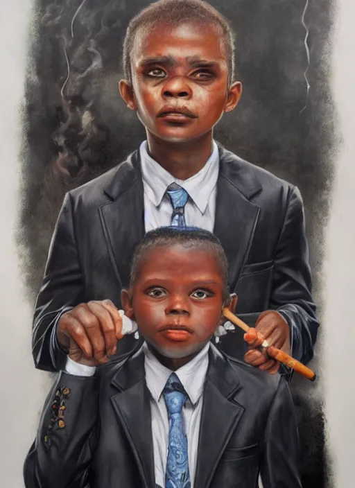 Prompt: portrait of a 7 year old child gang leader, dark gritty, wearing a suit, smoking, very detailed eyes, hyperrealistic, very detailed painting by Glenn Fabry, by Joao Ruas, by Artgerm