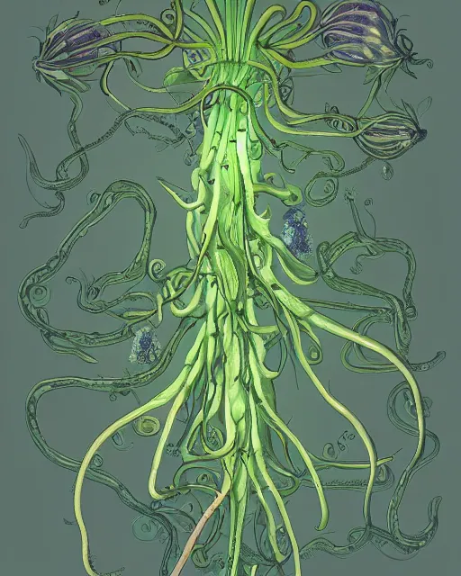 Image similar to scientific botanical illustration of beautiful alien plants with glowing parts, with slimy tentacles, trending on artstation, by james jean, hyper realistic, raytracing, rendering, synthwave color scheme