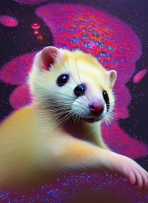 Image similar to hyper detailed 3d render like a Oil painting - kawaii portrait Aurora (blonde Sable Ferret) seen Eating of the Strangling network of yellowcake aerochrome and milky Fruit and Her delicate Hands hold of gossamer polyp blossoms bring iridescent fungal flowers whose spores black the foolish stars by Jacek Yerka, Mariusz Lewandowski, Houdini algorithmic generative render, Abstract brush strokes, Masterpiece, Edward Hopper and James Gilleard, Zdzislaw Beksinski, Mark Ryden, Wolfgang Lettl, hints of Yayoi Kasuma, octane render, 8k