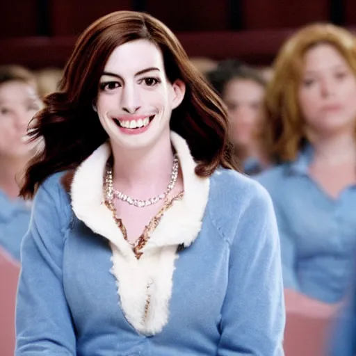 Prompt: movie still of anne hathaway in the mean girls movie from 2004