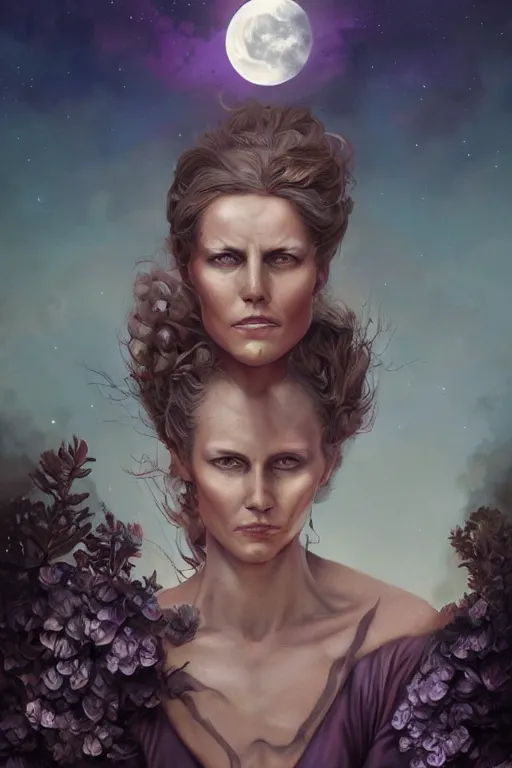 Image similar to Dolores Abernathy (Westworld character), breathtakingly beautiful portrait, beautiful hair, symmetrical face, moonlit purple sky, matte painting by Peter Mohrbacher, highly detailed, intricate, ,award winning artwork, trending on artstation, high quality printing, fine art with subtle redshift rendering