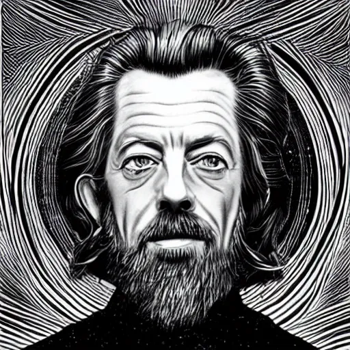 Prompt: Alan watts drawn by alex grey