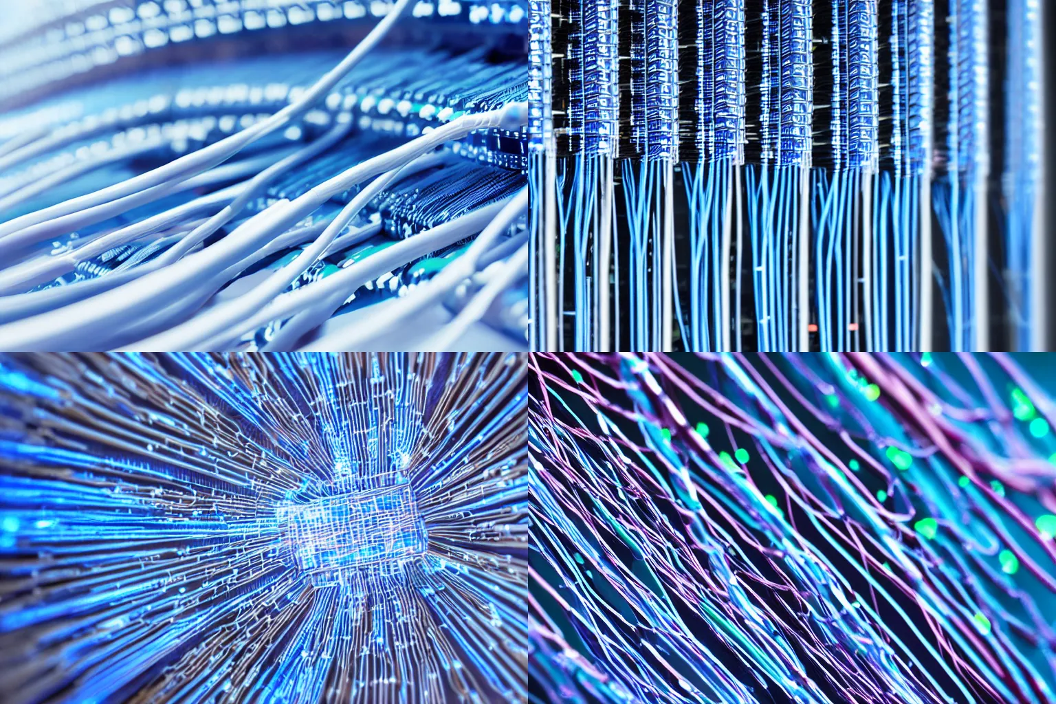 Prompt: a beautiful macro!!!! closeup!!!! photo!!!! of a datacenter server with a fiberoptic network cable!!!! connected, blurry background, f 2. 8, artstation, photography, soft blue lighting, 4 k hdr