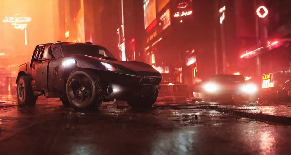 Image similar to closeup photo of combat tesla cybertruck driving on wet dystopian cyberpunk city streets at night, mad max, action, speed, volumetric lighting, hdr, need for speed, gta 5, forza, makoto shinkai, syd mead, craig mullins, cinematic, fast and furious, blade runner, octane, 8 k, iso 1 0 0, 1 2 mm