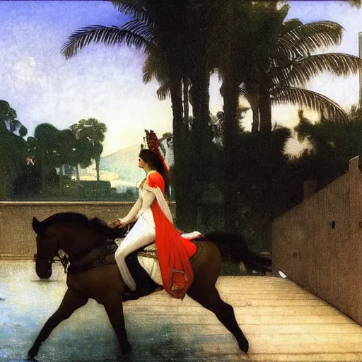 Image similar to Girl riding a horse leaving the palace through the bridge, thunderstorm, pool, beach and palm trees on the background major arcana sky, by paul delaroche, alphonse mucha and arnold böcklin arnold böcklin hyperrealistic 8k, very detailed