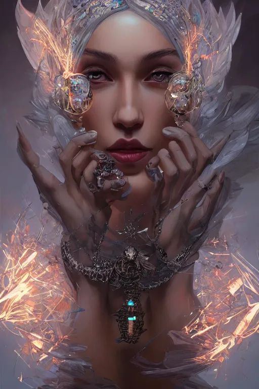 Prompt: beautiful model face coreved with diamonds wearing crystals, diamonds, angel, fantasy, dramatic lighting, highly detailed, digital painting, holding electricity, magic the gathering, hyper detailed, 3 d render, hyper realistic detailed portrait, peter mohrbacher, wlop, ruan jia