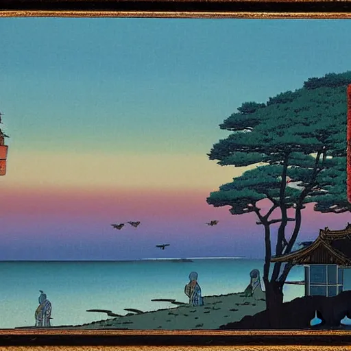 Image similar to A beautiful village by the sea, as the sun sets on the horizon, in the style of kawase hasui