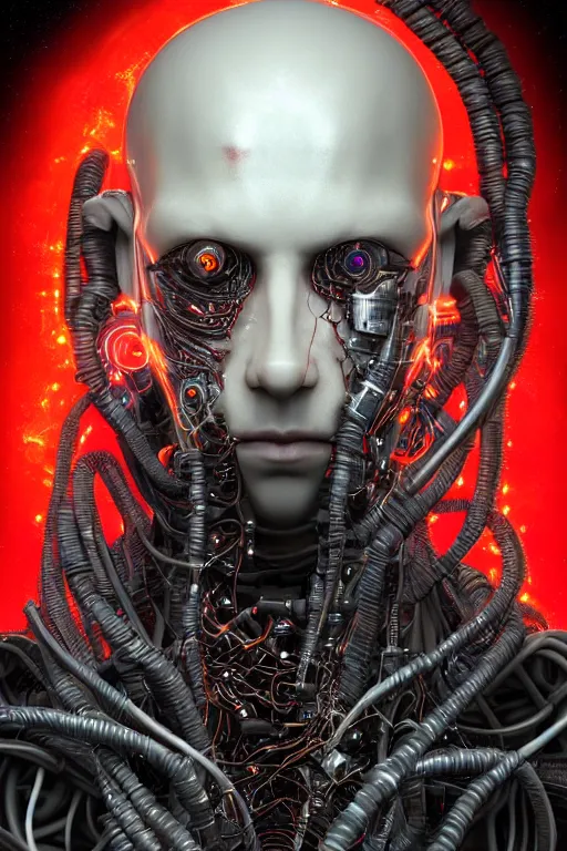 Prompt: head and shoulders render of man cyberpunk face ((single_glowing_red_eye red_emissives!)) android face mecha, inhuman creepy intimidating, exposed cable bundle. intricate wiring and black circuit board detailed. Tom Bagshaw and Greg Rutkowski and Alphonse Mucha Bladerunner 2049 artstation trending 165mm