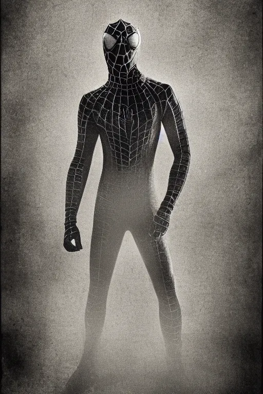 Image similar to spider - man, portrait, full body, symmetrical features, silver iodide, 1 8 8 0 photograph, sepia tone, aged paper, master prime lenses, sergio leone, cinematic