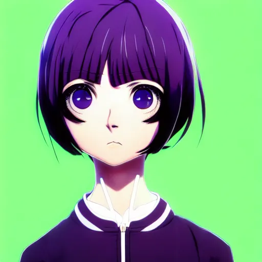 Image similar to anime poster film still portrait, young woman, black black black woman, purple colored eyes, purple colored eyes, white french bob, green colored bomber jacket, detailed facial features, dynamic pose, cute face by ilya kuvshinov, yoh yoshinari, makoto shinkai, rimlight, cel shaded, 4 k