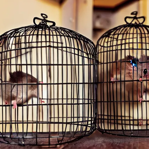 Prompt: rats in a cage in kitchen,