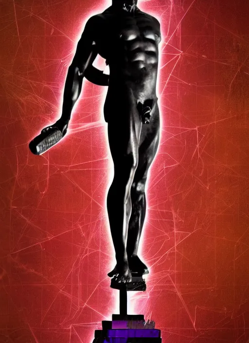 Image similar to design poster showing a statue of hercules, black background with very subtle red and purple design elements, powerful, nekro, vito acconci, thin straight lines, dark, glitch art, neo vaporwave, gritty, layout frame, square, trending on artstation