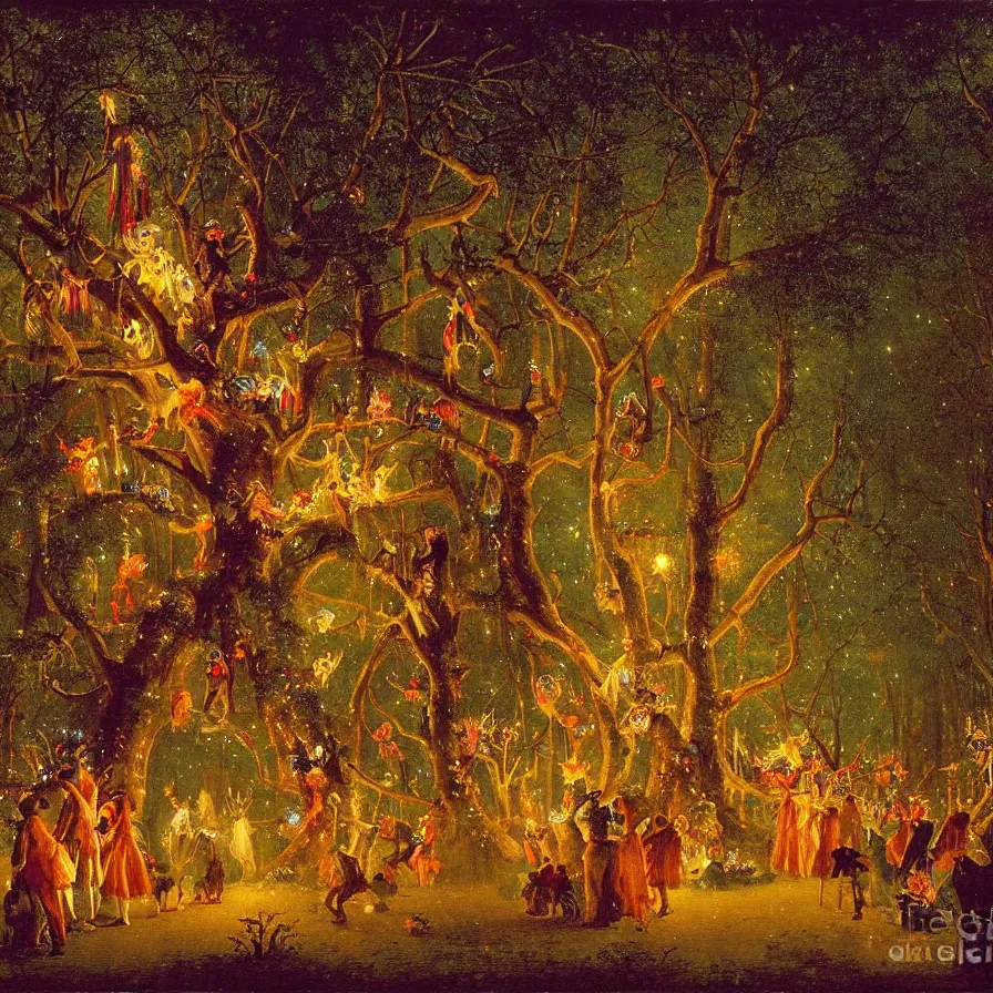 Prompt: a night carnival around a magical tree cavity, with a surreal orange moonlight and fireworks in the background, next to a lake with iridiscent water, christmas lights, folklore animals and people disguised as fantastic creatures in a magical forest by summer night, masterpiece painted by carl spitzweg, dark night environment