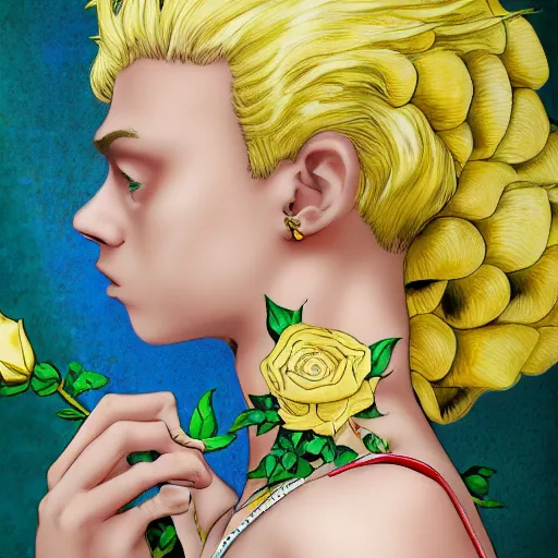 Prompt: a side view portrait of 1 5 years old young and beautiful giorno giovanna, green and yellow roses fill the background, fantasy, detailed, cinematic, tarot card, highly detailed, golden ratio, 8 k