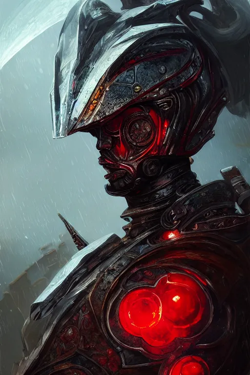 Image similar to portrait siniter knights of Zodiac boy, black and red color reflected armor, in ruined Agora of Athens rainy night, ssci-fi and fantasy, intricate and very very beautiful and elegant, highly detailed, Frostbite Engine, digital painting, artstation, concept art, smooth and sharp focus, illustration, art by tian zi and WLOP and alphonse mucha