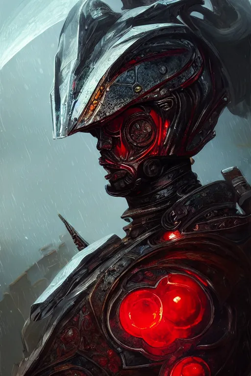 Prompt: portrait siniter knights of Zodiac boy, black and red color reflected armor, in ruined Agora of Athens rainy night, ssci-fi and fantasy, intricate and very very beautiful and elegant, highly detailed, Frostbite Engine, digital painting, artstation, concept art, smooth and sharp focus, illustration, art by tian zi and WLOP and alphonse mucha