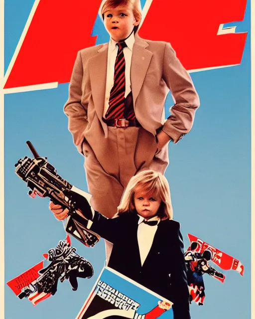 Image similar to 1 9 8 0's movie poster, barron trump is an antifa supersoldier, barron trump, exoskeleton, fan art, dramatic