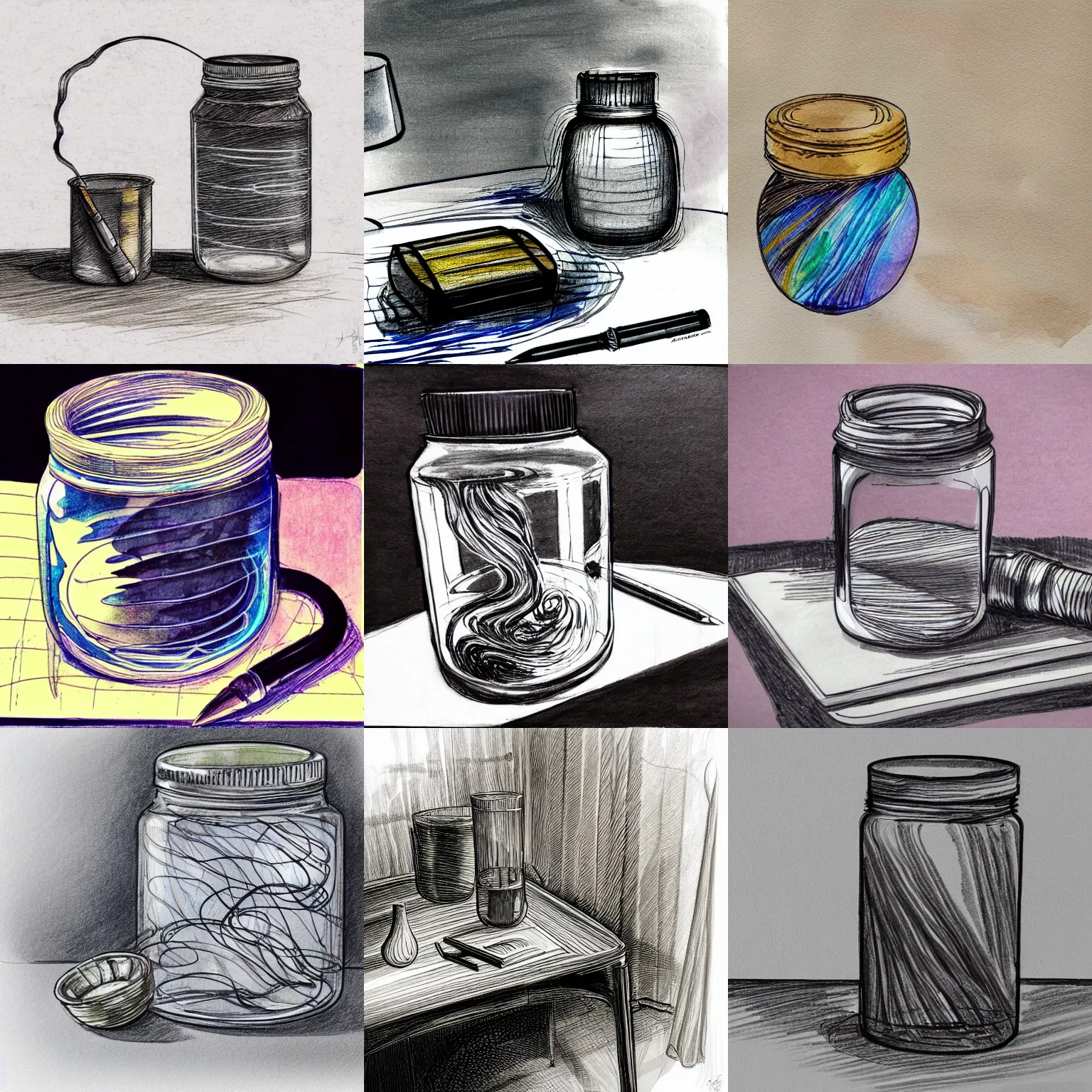 Prompt: sketch of technical pen and glass canning jar of swirling ink shimmering on a desk, dramatic afternoon lighting, streaked and smudged, muted colors, heavy metal, by moebius
