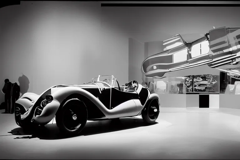 Image similar to cyberpunk 1 9 2 6 bugatti type 3 5, volumetric lighting, in a museum, museum exhibit, museum lighting, 9 0 s film photo