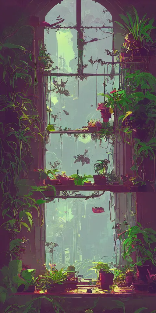 Prompt: lush solarpunk Victorian windowsill with lush plants on it, interior of room, looking out toward a solarpunk cityscape, vignette of windowsill, detailed digital concept art by anton fadeev and marc simonetti, trending on artstation